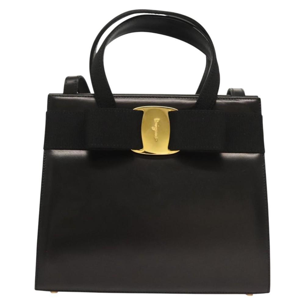 Salvatore Ferragamo Vala Hand Bag Leather 2way Black Gold Auth gh079 - Picture 13 of 16